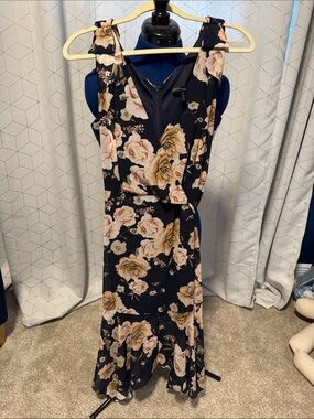 White House Black Market Floral Midi Dress with Pink and Cream Roses